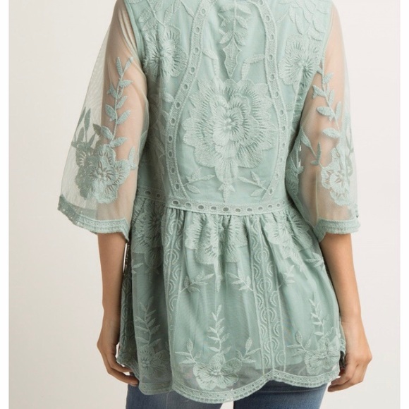 Mint Green Scalloped Embroidered Mesh Top - Picture 2 of 3